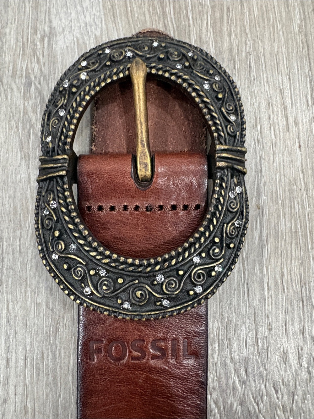 Fossil Women's Brown Leather Belt with Embellished Oval Buckle